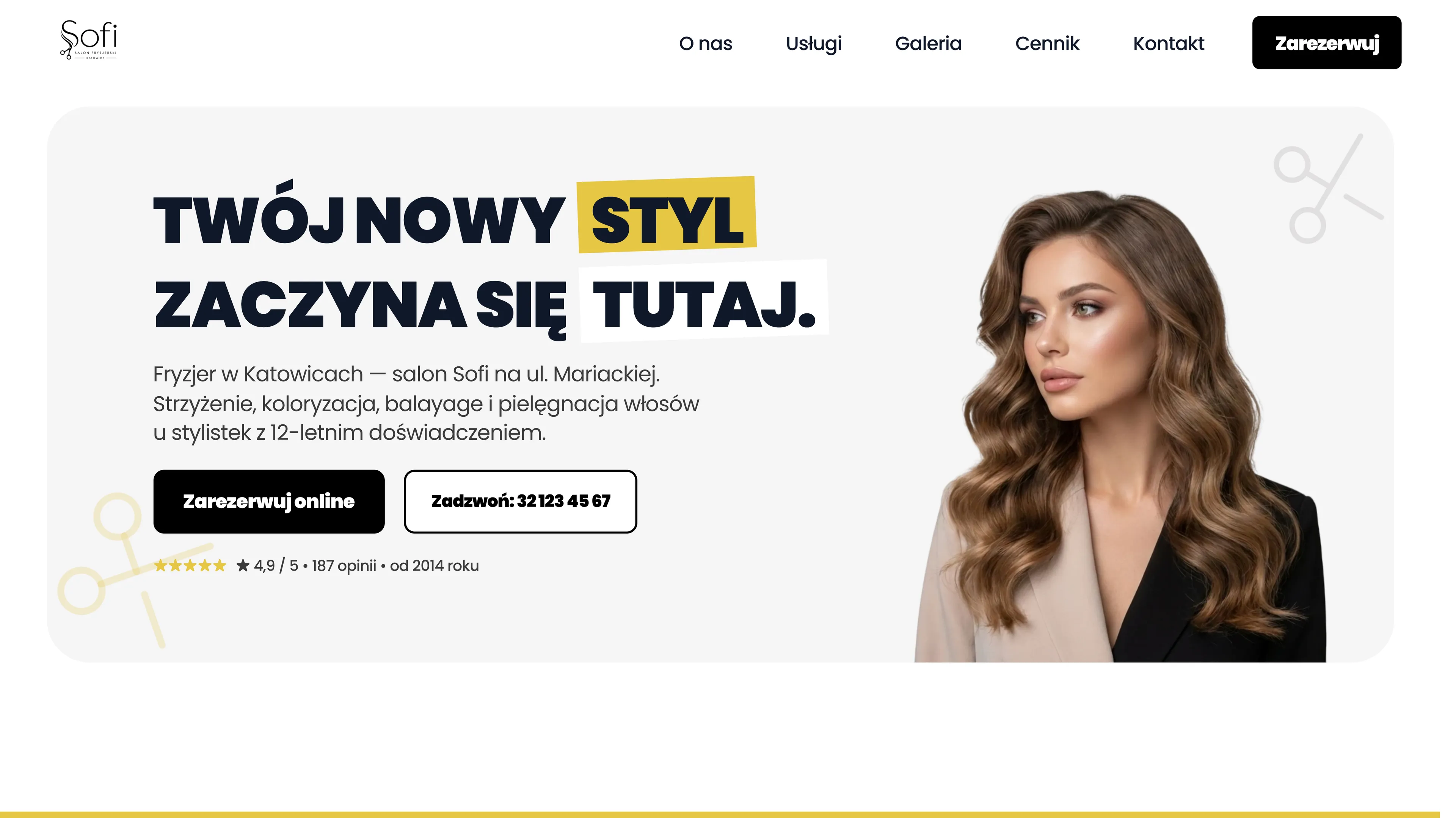 Strona internetowa salonu fryzjerskiego Sofi – nowoczesna wizytówka one-page z galerią stylizacji i sekcją kontaktową
